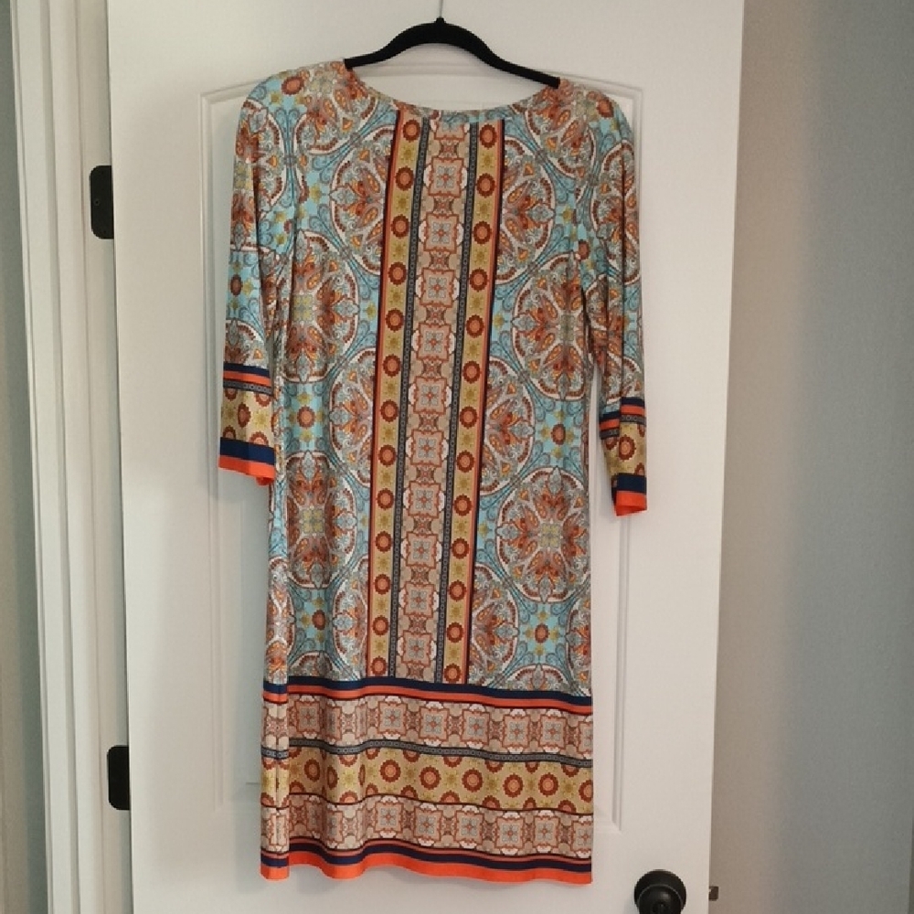 Orange and Blue Sheath Dress with Crew Neck